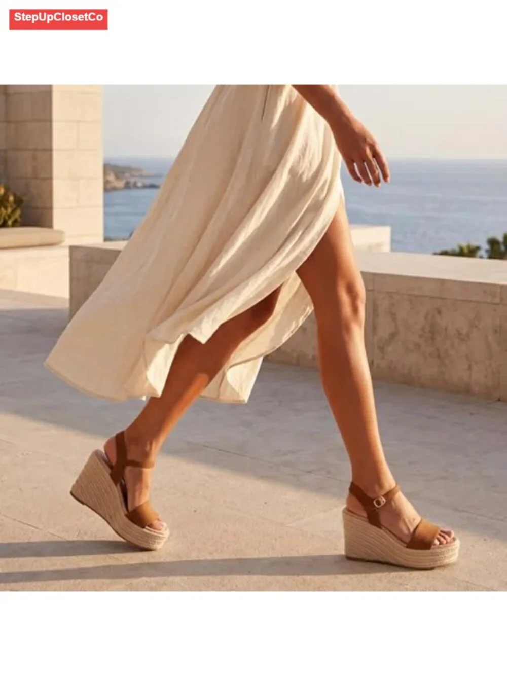 Women's Raffia Strap Espadrille Wedge Sandals - Ankle Buckle Platform Wedges